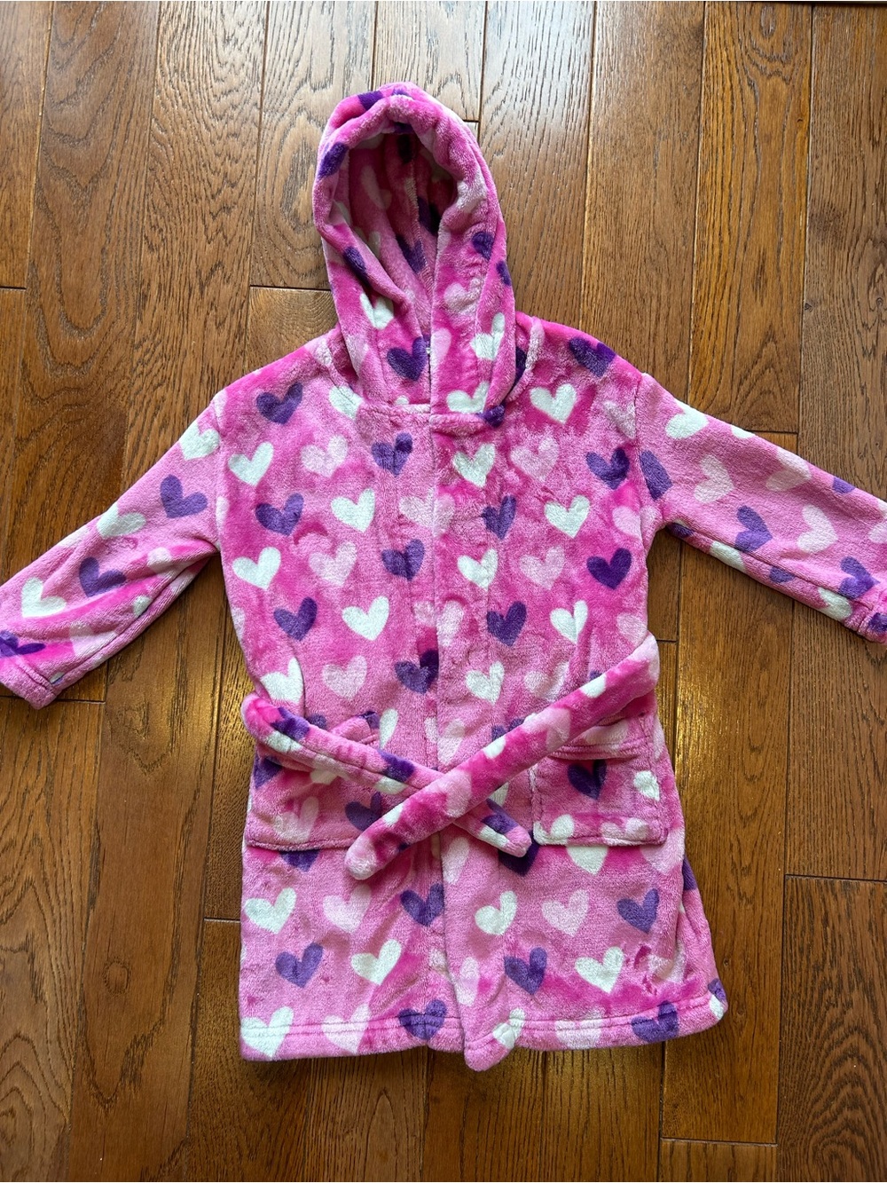 Hatley Pink Hooded Kids Robe with Purple and White Hearts - M (4-5)